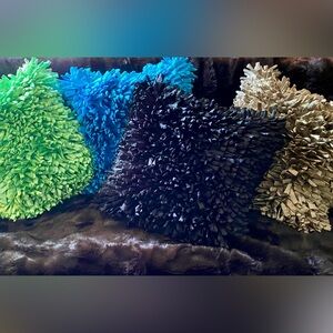 Shaggy Decorative Throw Pillows in Black, Blue, and Green